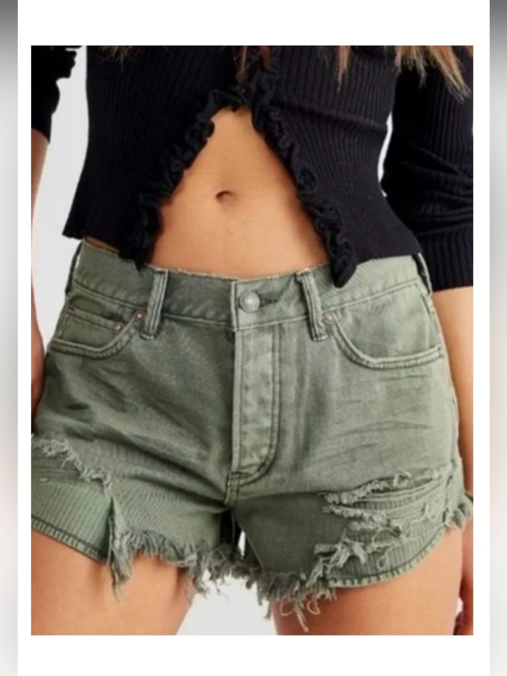 We The Free Olive Green Distressed High-Rise Jean Shorts